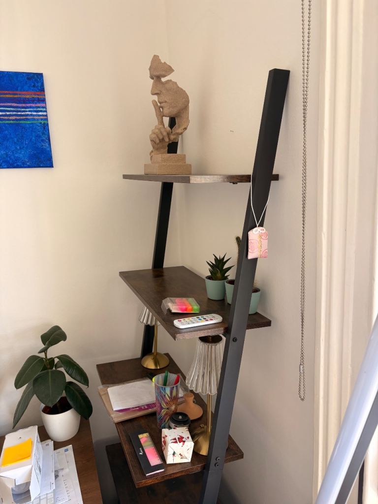 Ladder shelf / leaning shelving unit – wood & black metal