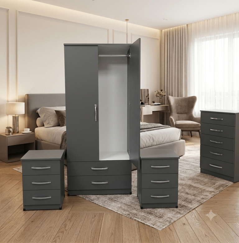 New Grey Bedroom Furniture Set – Wardrobe, Chest, Bedside Tables