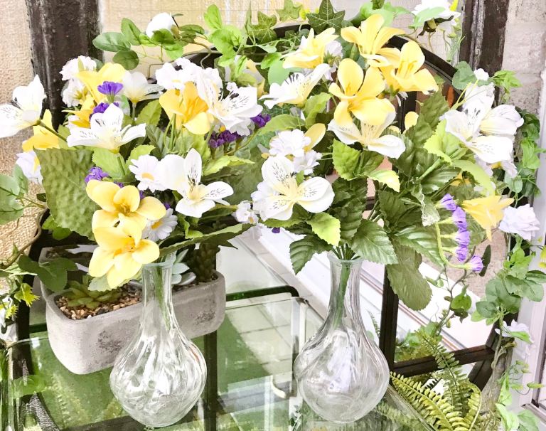 Two Decorative Glass Vases with Artificial Flowers