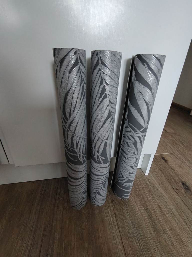 Kiss Foil Palm Charcoal Metallic Leaf grey Wallpaper