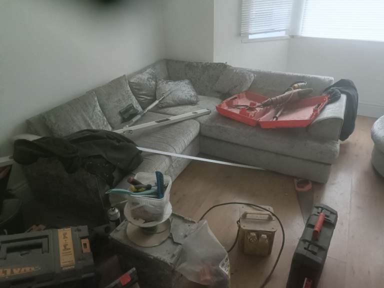 Grey Corner Sofa and Swivel Armchair – Good Condition