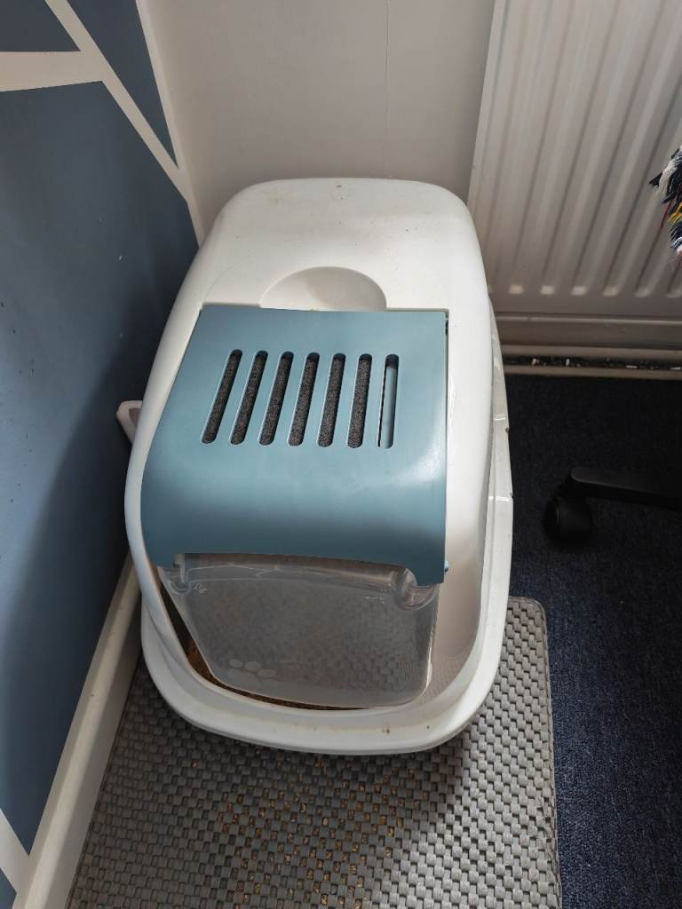 Large Covered Cat Litter Box + Floor Mat – Excellent Condition-