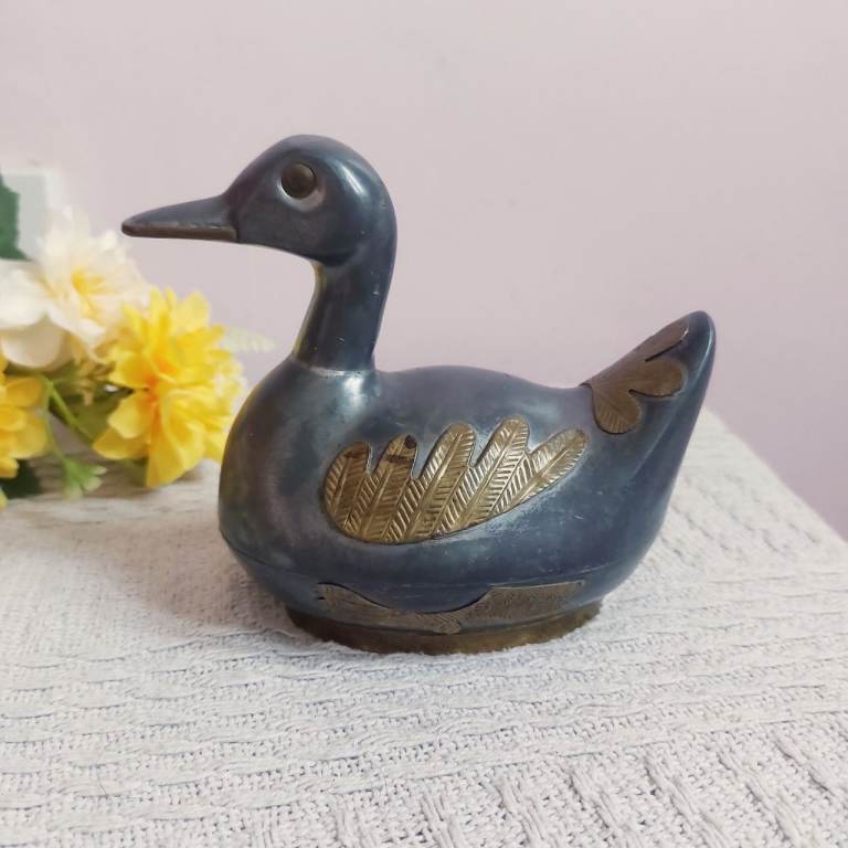 Vintage Pewter and Brass Duck Trinket Box
