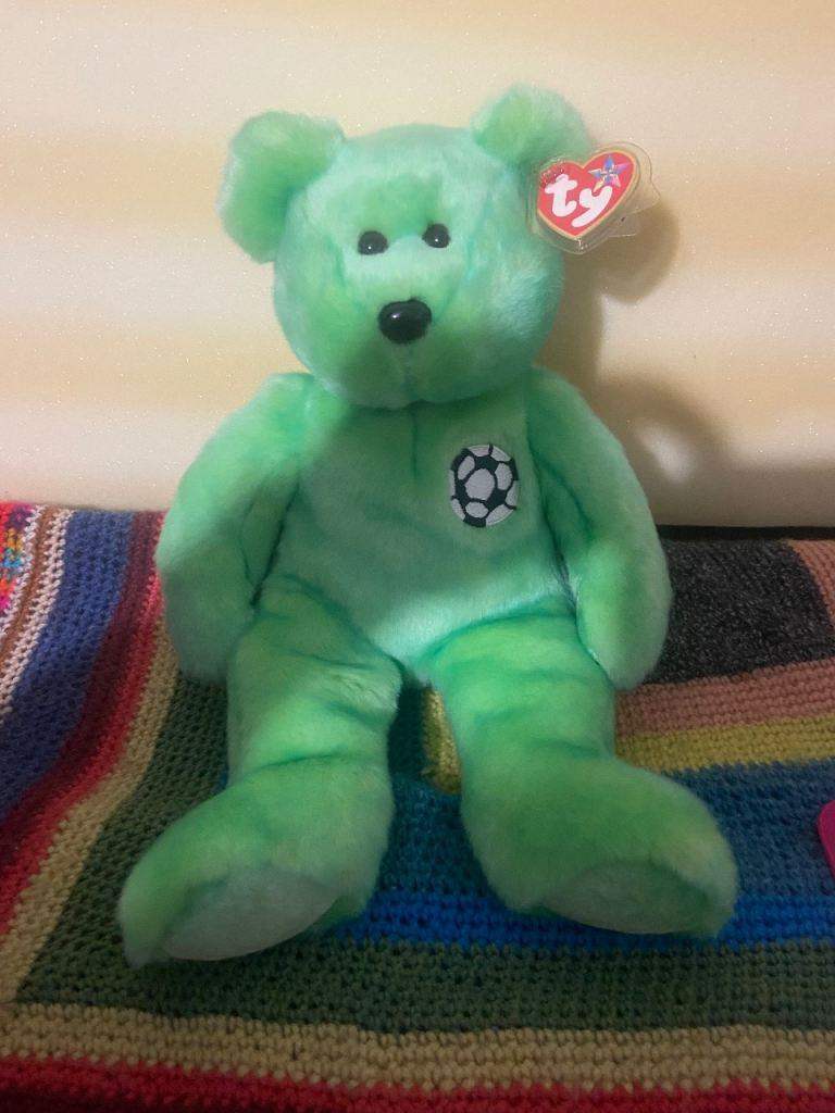 Ty Beanie Baby Green Bear with Football – Good Condition