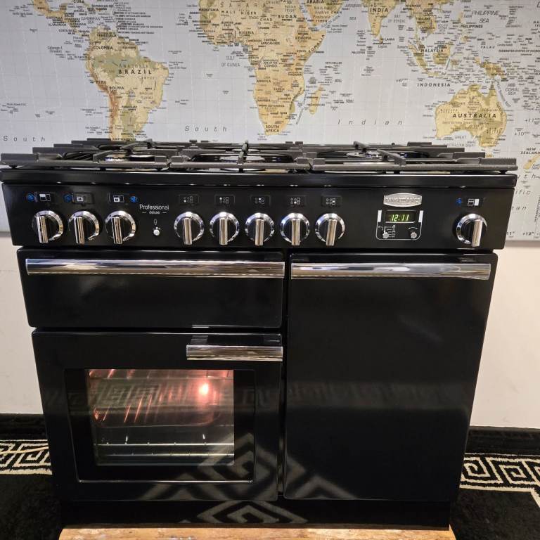 Rangemaster Professional Deluxe Dual Fuel Range Cooker in Black and Chrome 100cm