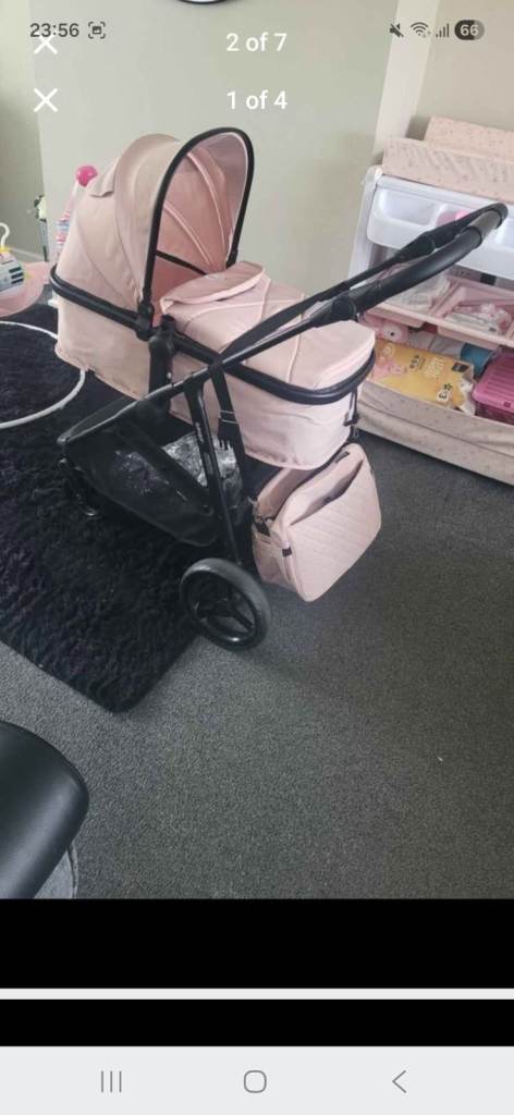 Pink Baby Pram / Pushchair with Matching Bags – Good Condition