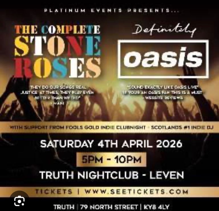 7x Tickets for DEFINITELY OASIS & COMPLETE STONE ROSES, Leven, Fife