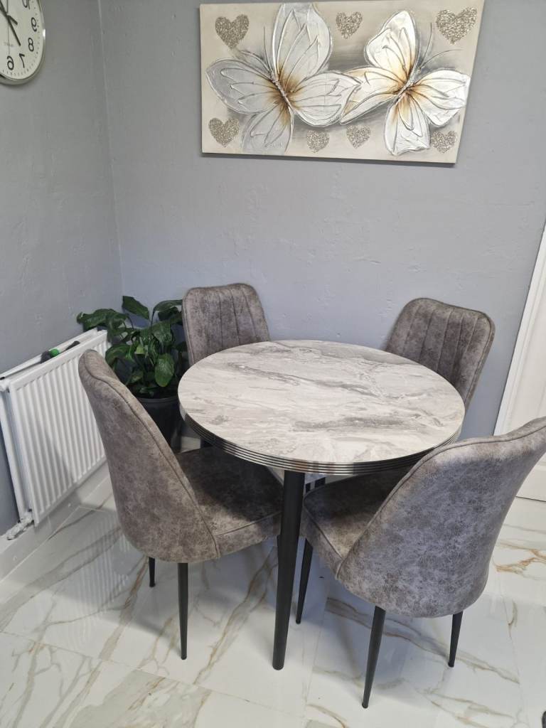 Brand New Grey Round Dining Table with 4 chairs - Free Delivery Uk