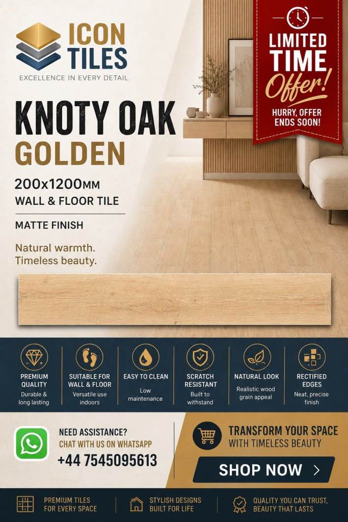 Knoty Oak Golden Matt Wood Effect Porcelain Tile 200x1200mm – Floor & Wall