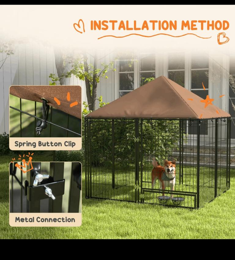 PawHut Outdoor Dog Kennel Playpen with Canopy & Rotating Bowls (141x141x151cm)