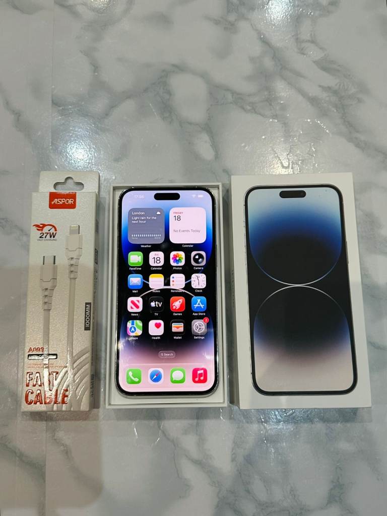 Apple iPhone 14 Pro Max 256 GB BH 100% Silver Unlocked Excellent with Box