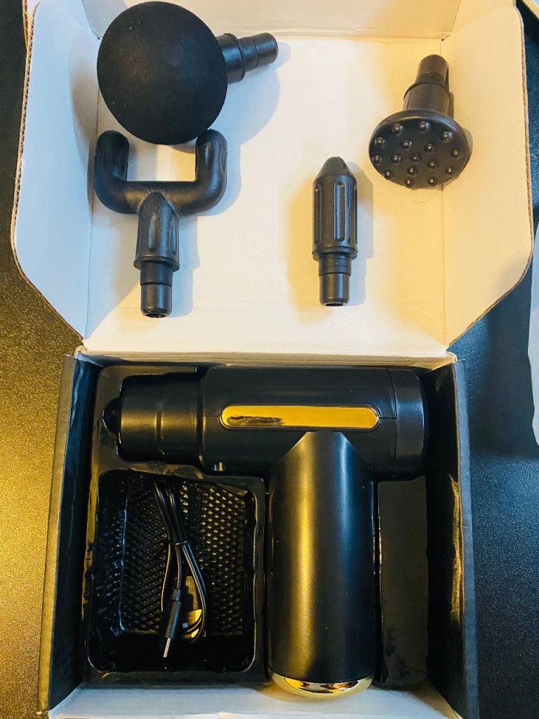 Mini Massage Gun with Multiple Heads – Black, Brand New