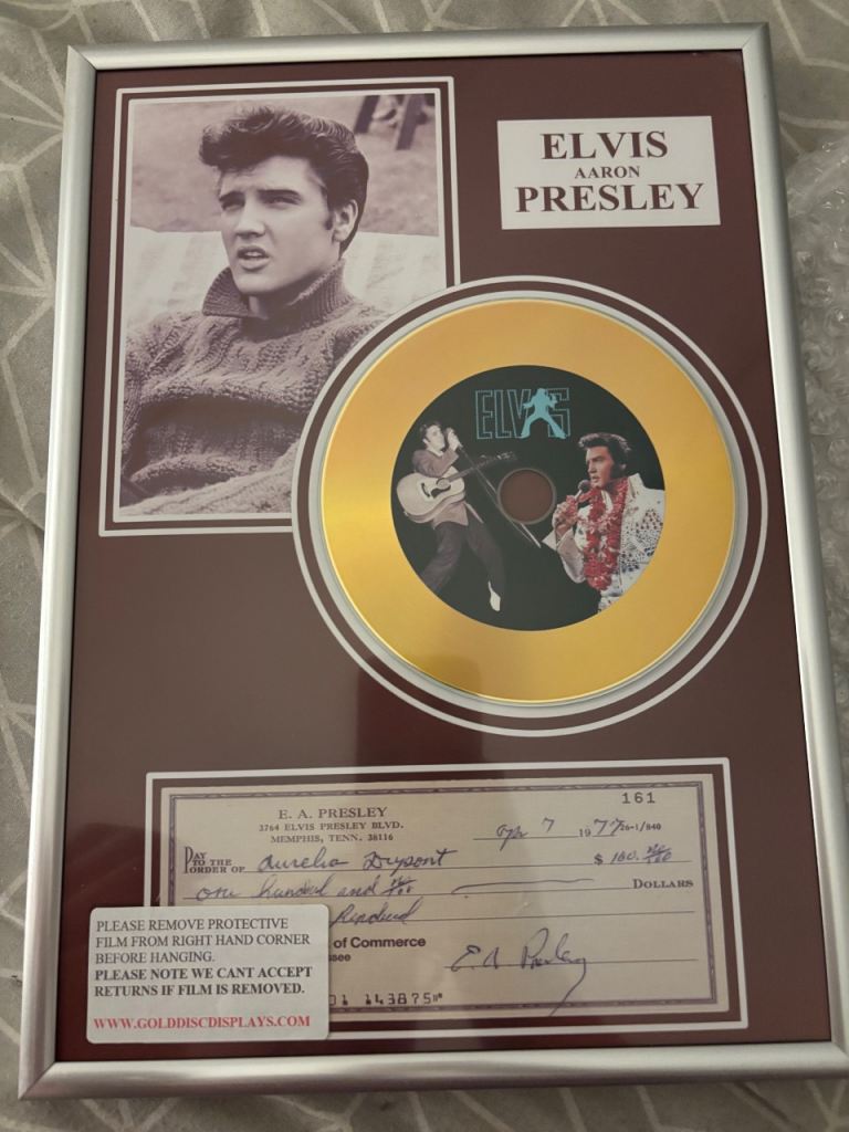 Rare Elvis Presley Commemorative Gold Disc & Personal Check Tribute Display