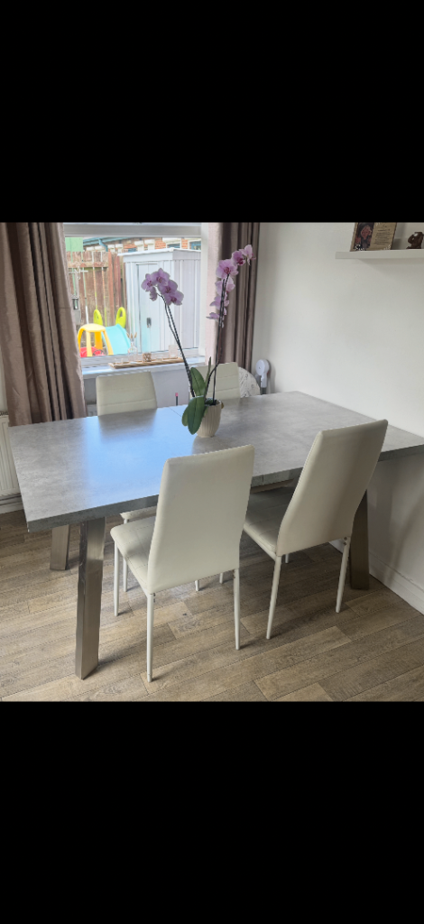 Grey Dining Table with 4 Cream Faux Leather Chairs - Good Condition