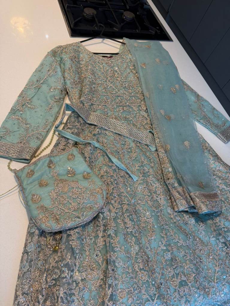 Mint Green Anarkali Wedding Guest Dress Indian Pakistani Party Outfit With Dupatta & Bag