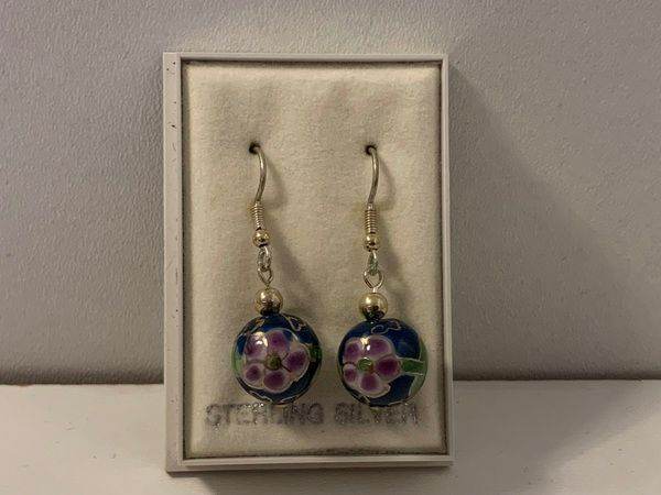 Cloisonné earrings Sterling Silver dark blue with pink flowers 