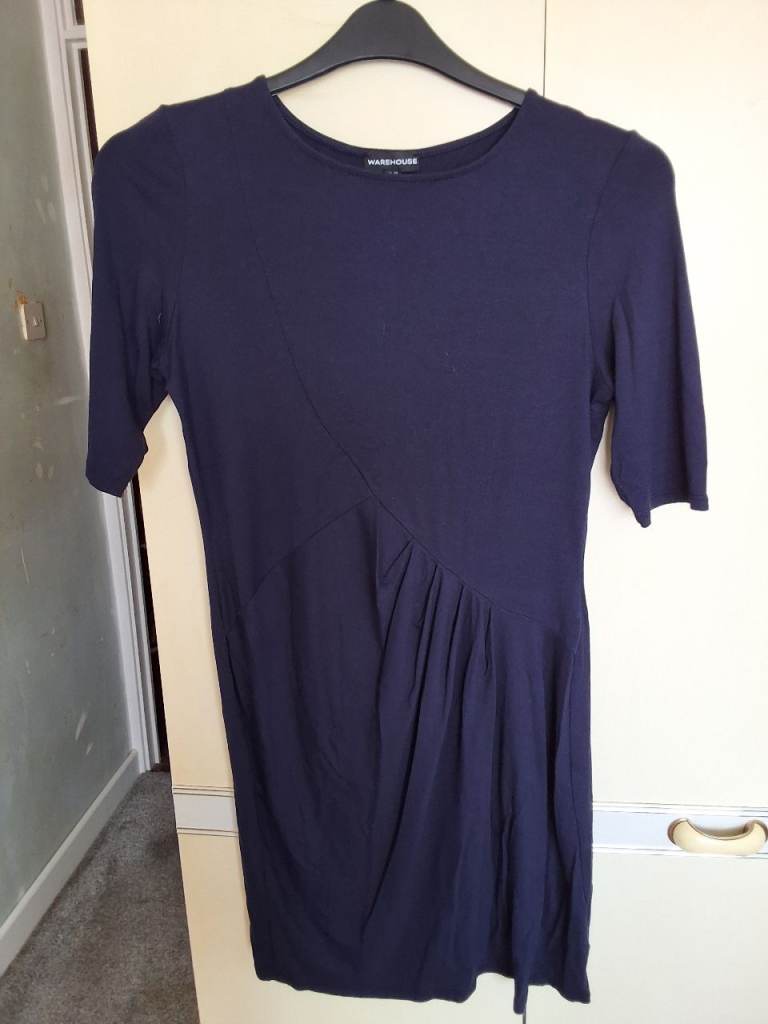 Warehouse Navy Blue Dress with Ruched Detail – Good Condition