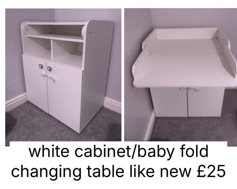 white cabinet/folding baby changing table £25