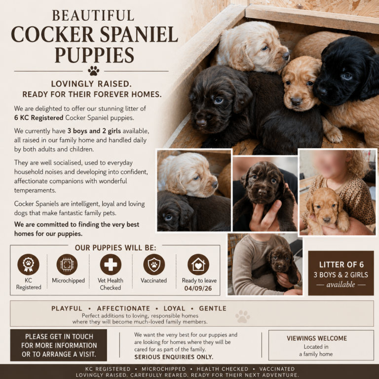 Beautiful litter of six Cocker Spaniel puppies looking for loving, permanent homes.