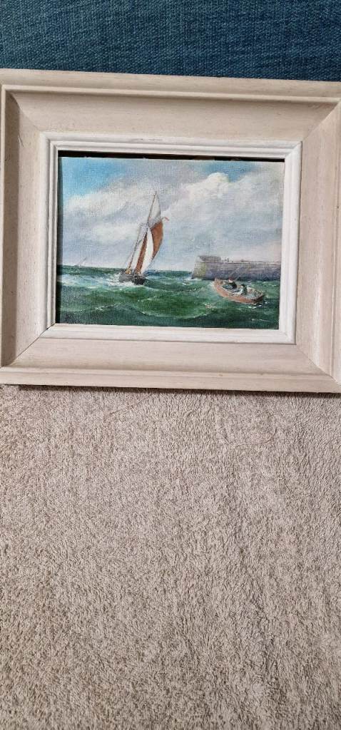 Framed Oil Painting On Board - Sailing Boat & Rough Seas - Signed