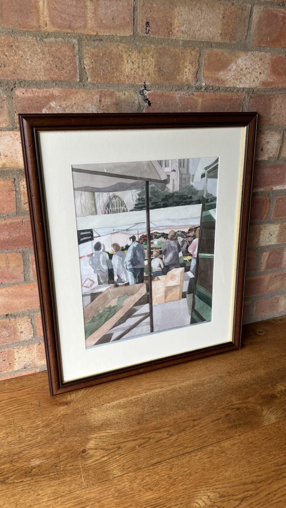 Original Vintage Framed Watercolour Painting (People in a Market)