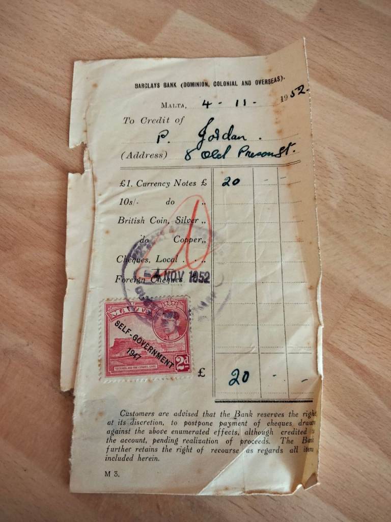 A 1952 Barclays Bank (Dominion; Colonial and Overseas) Maltese Credit Note