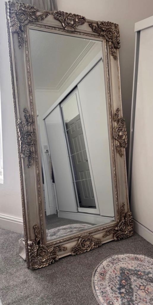 Large Cream Carved Full Length Mirror – Good Condition