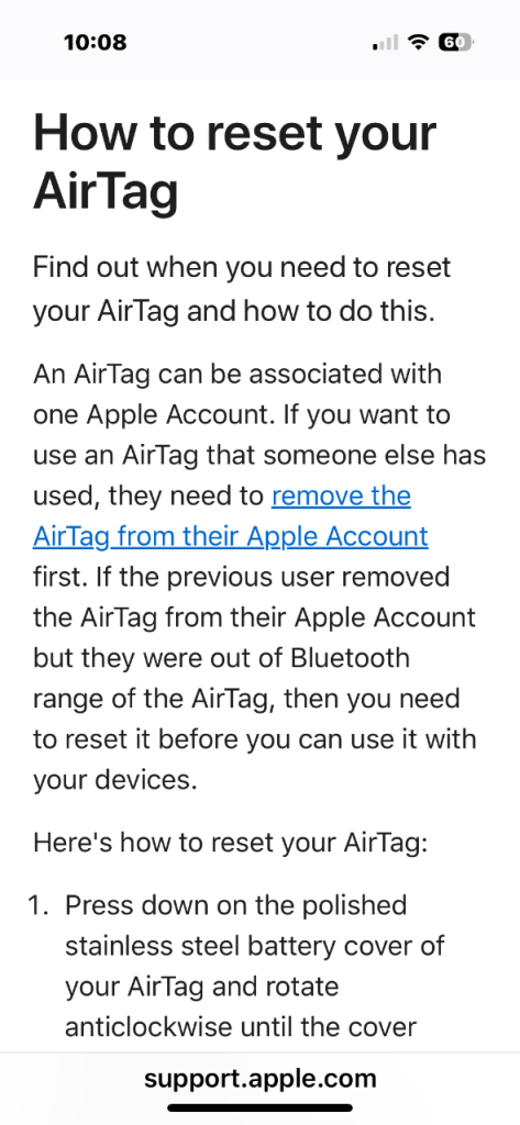 Apple Air Tag tracker, boxed still linked to previous owner Apple ID 