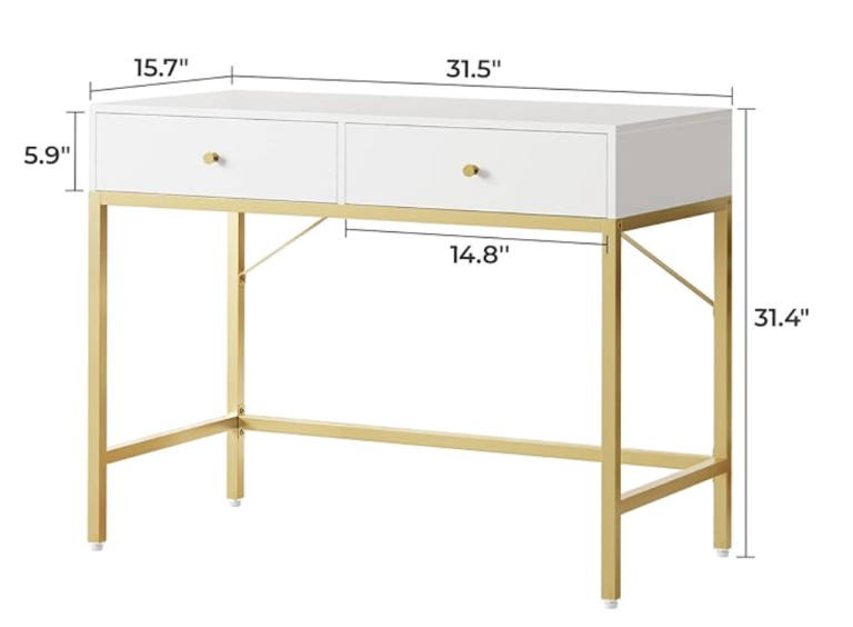White & Gold Desk with 2 Drawers – Modern Writing / Vanity Desk