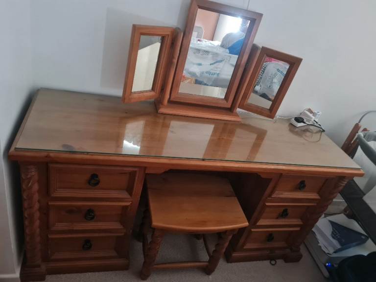 Dressing Table with Triple Mirror and Stool