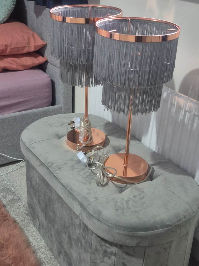 Pair of Grey Fringe Table Lamps with Copper Base – As New