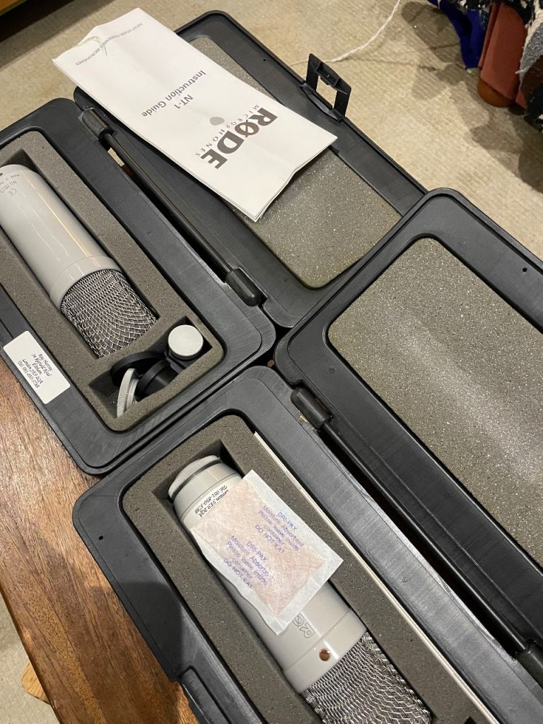 Pair of vintage Rode NT1 ex BBC cardioid condenser microphones with cases, mounts etc 