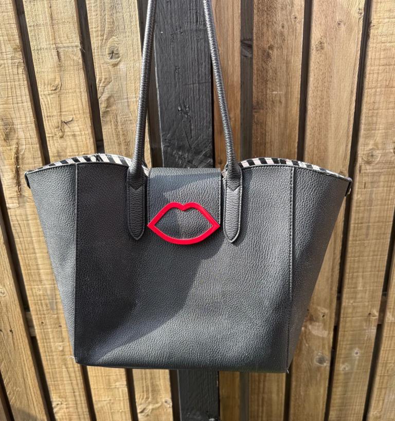 Lulu Guinness Sofia  Black Tote Bag with Red Lip Detail