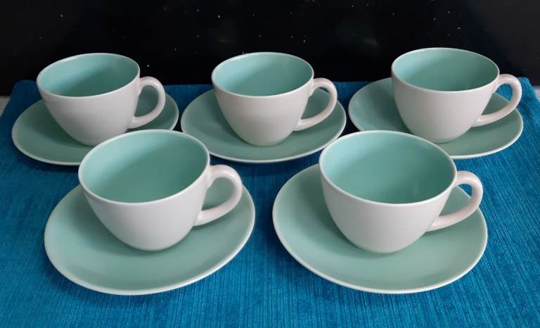 Vintage Set of 5 Poole Pottery blue and cream small coffee cups & saucers.   Retro