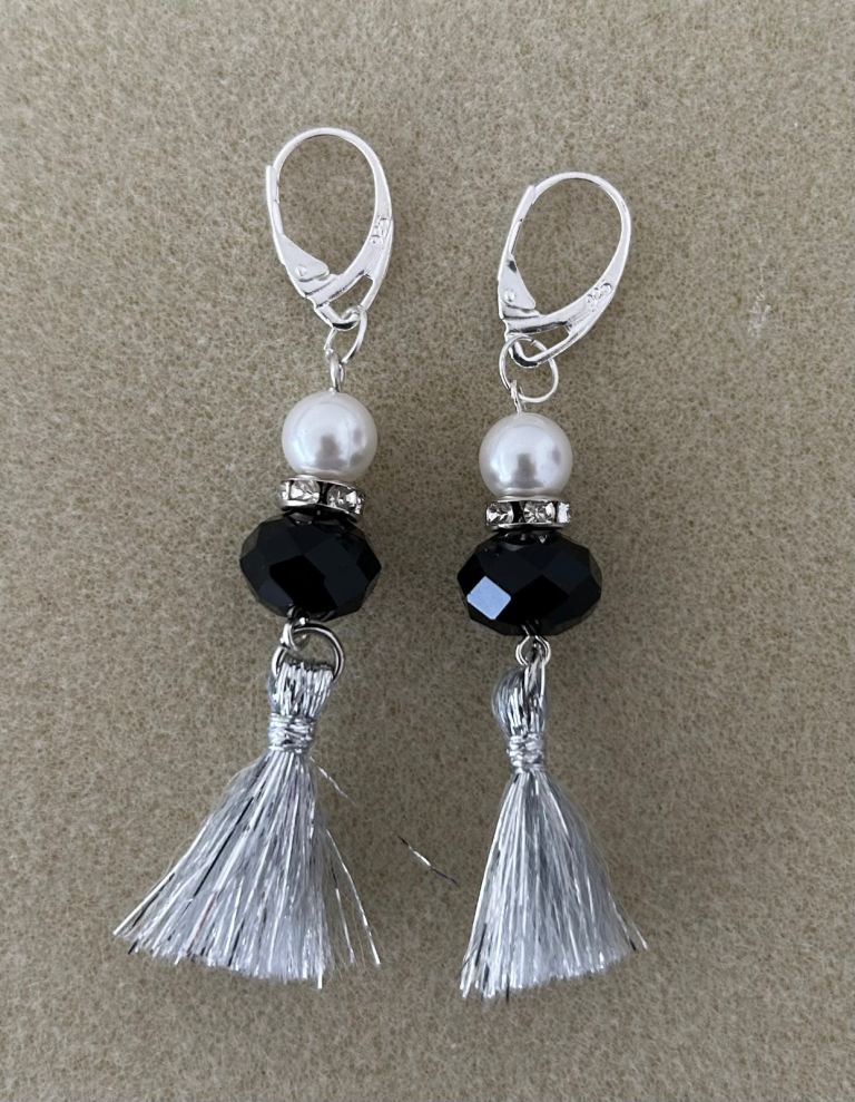 Silver beaded tassel earrings 