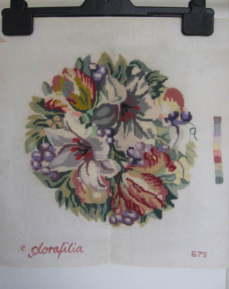 Glorafilia circular FLOWERS needlepoint tapestry kit, needs finishing.