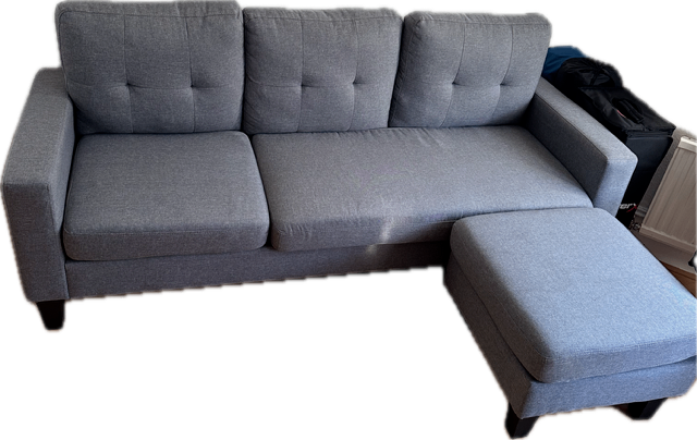 Grey material 3 seater sofa with footstool