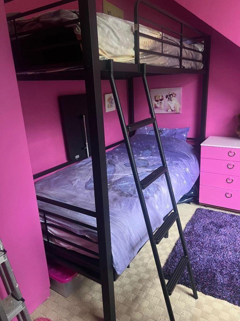 Black Metal Bunk Bed with Futon and Desk – Good Condition