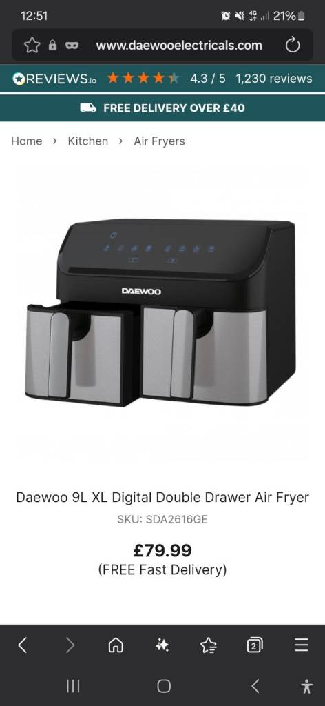  Brand new Daewoo 9L XL double drawer air fryer