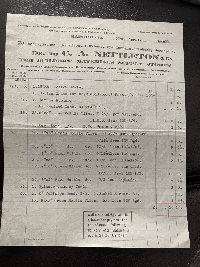 Vintage Builder's Material Supply Store Invoice - Harrogate 1935