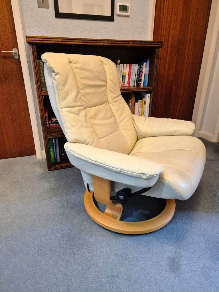 Stressless Mayfair leather swivel recliner chair (Large) with footstool.