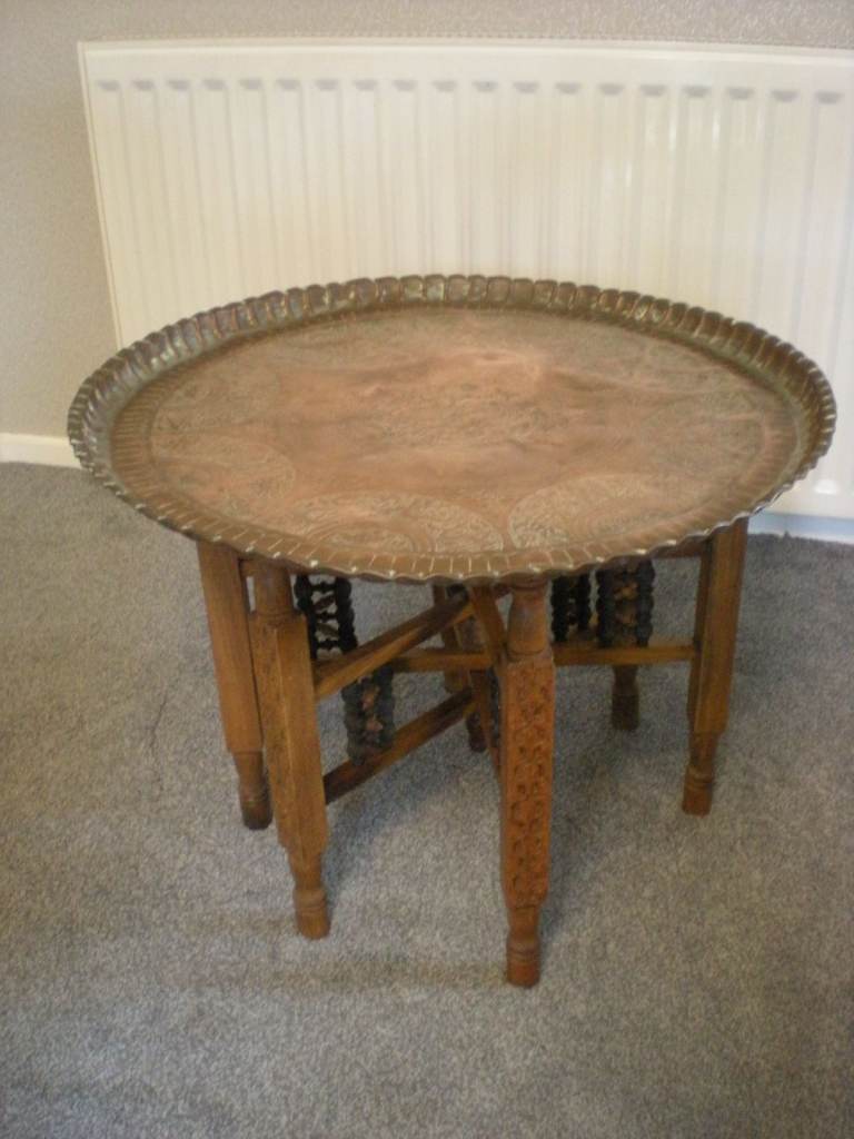antique Persian, middle eastern, copper hand crafted, embossed folding table 