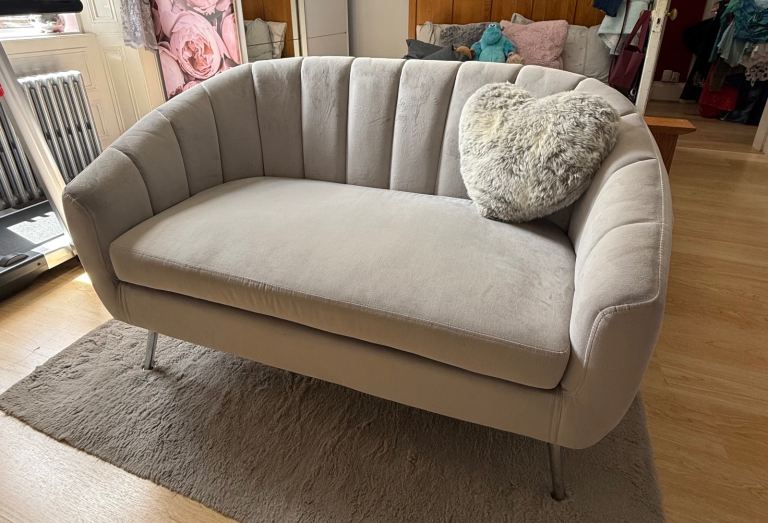 Stylish Grey Velvet 2-Seater Sofa – Good Condition