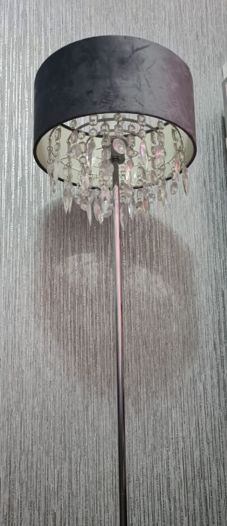 Stylish Grey Velvet Floor Lamp with Crystal Droplets