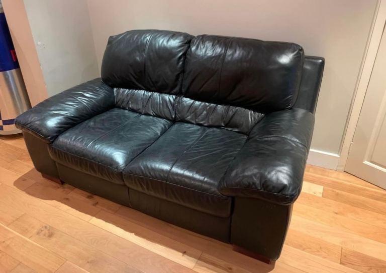 Black Leather Sofa & Pouffe