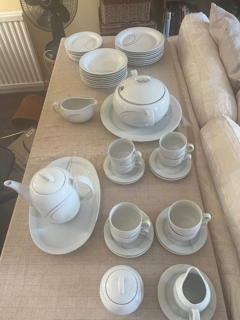 Full White Dinnerware and Tea Set with Grey Swirls – Good Condition