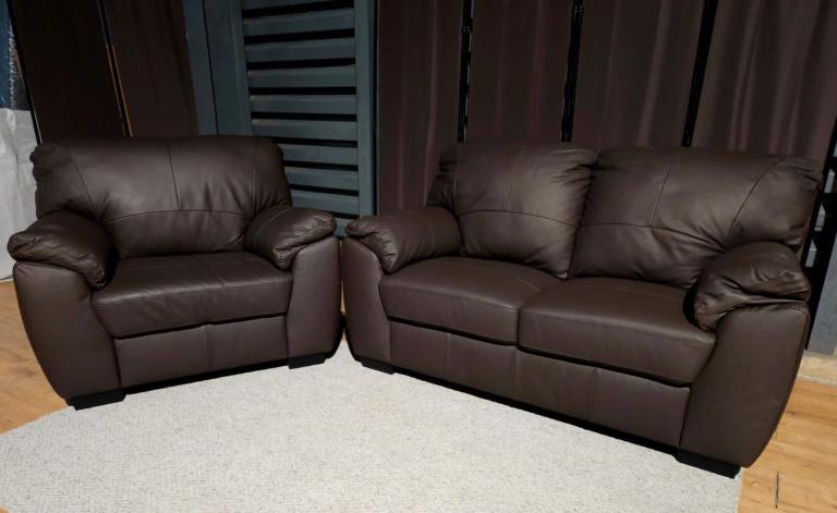 Like New Leather 2 Seater Sofa And Armchair - Chocolate.