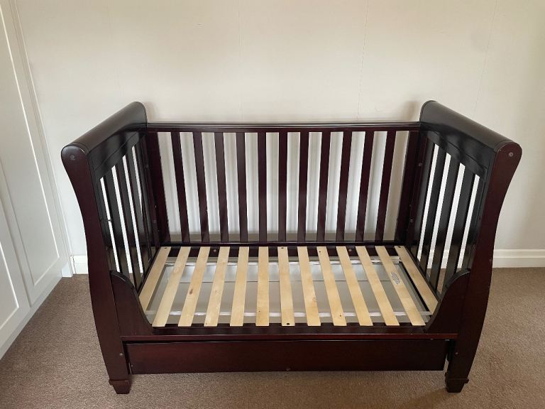 Dark Wood Eva Cot Bed with Storage Drawer – Good Condition