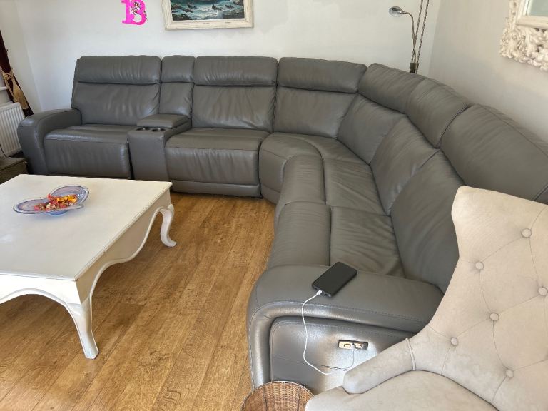 Large Grey Leather Corner Sofa - Reclining Sections
