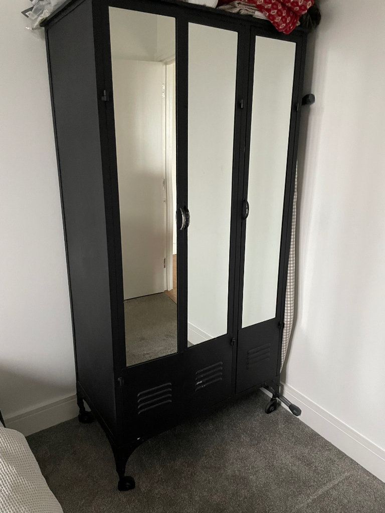 Metal industrial closet/wardrobe/cabinet on castors in black